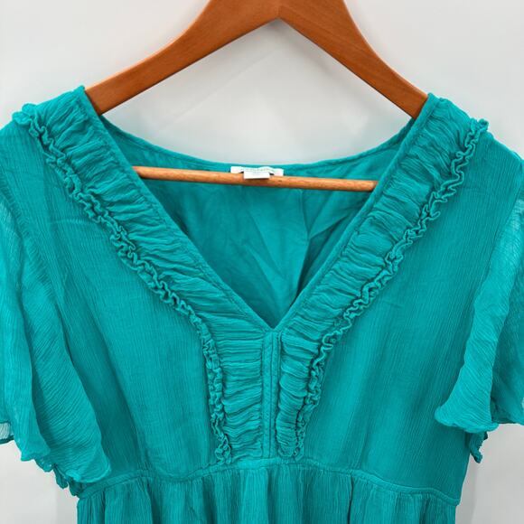 SUNDANCE CLOTHING Teal V Neck Flounce Dress // Large Petite - Picture 4 of 8